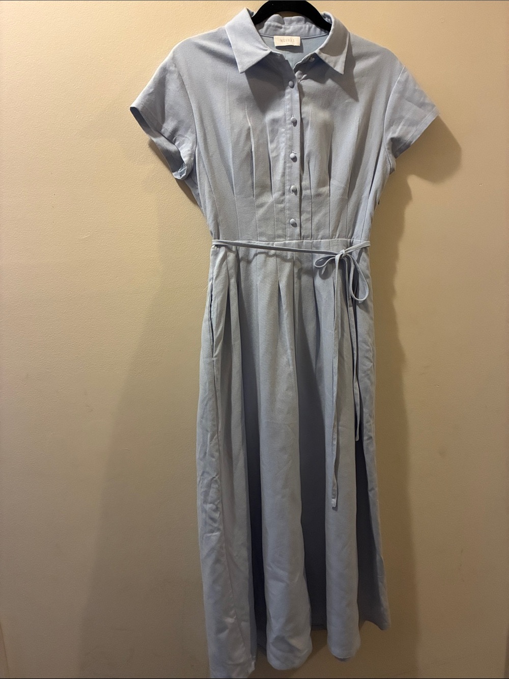 Meshki Light Blue pleated a-line Dress with Waist Tie - XS - linen blend